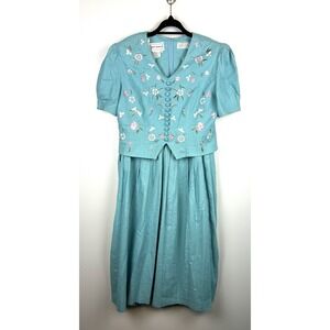 Karin Stevens Vintage Dress Size 8 Turquoise Blue Embroidered Floral Linen‎ Midi